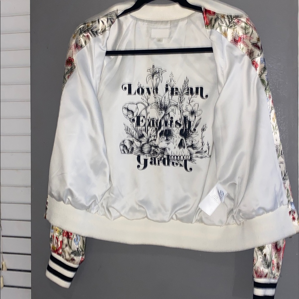 MOTHER Floral Embroidered Ivory Bomber Jacket with Red, Green, Blue Accents - Picture 5 of 7